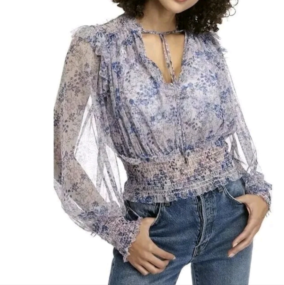Free People Twyla Floral Lilac Long Sleeve Shirt Size Large Boho Cuffed Tie - Picture 1 of 12